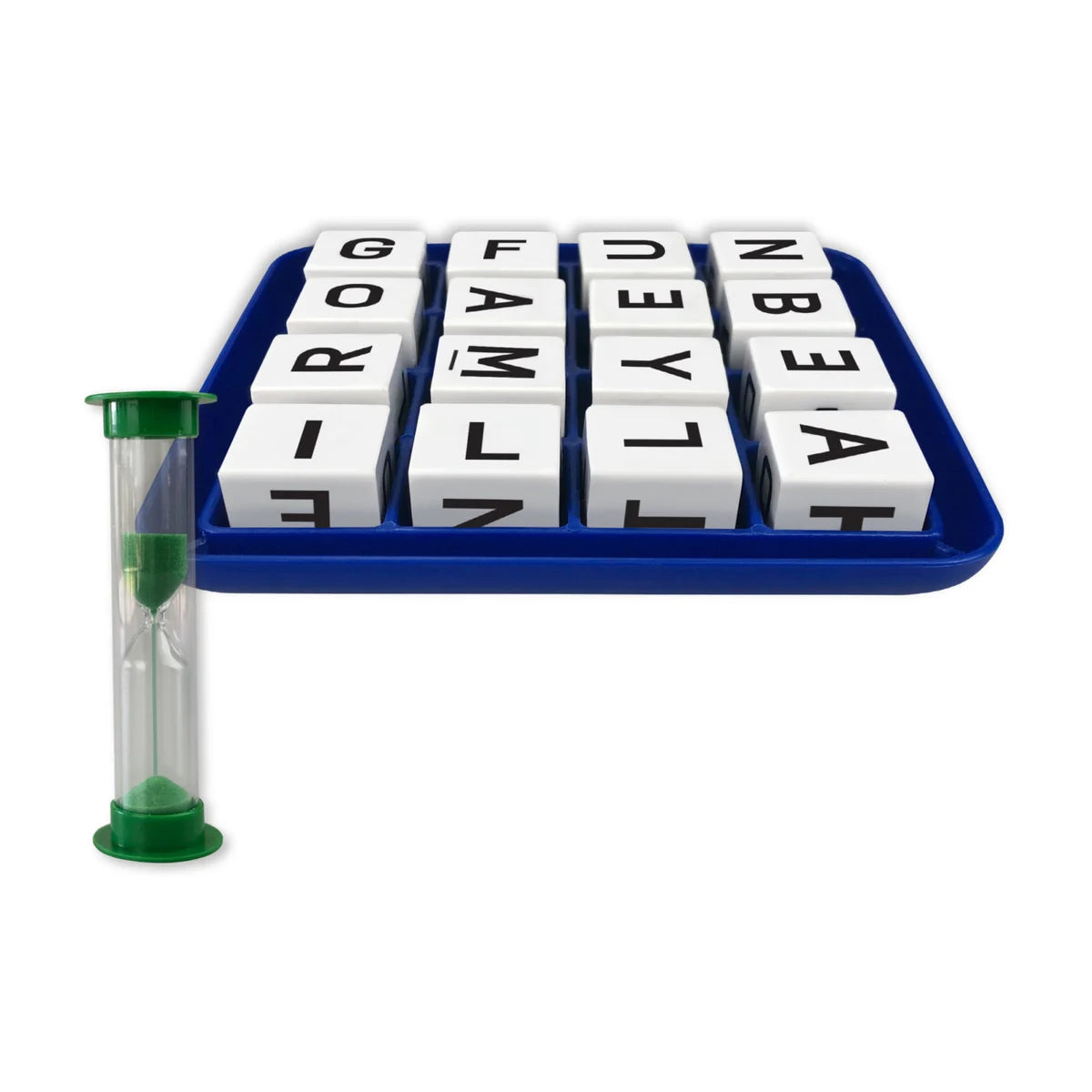 Boggle letter cube grid on blue base with 3-minute sand timer beside it
