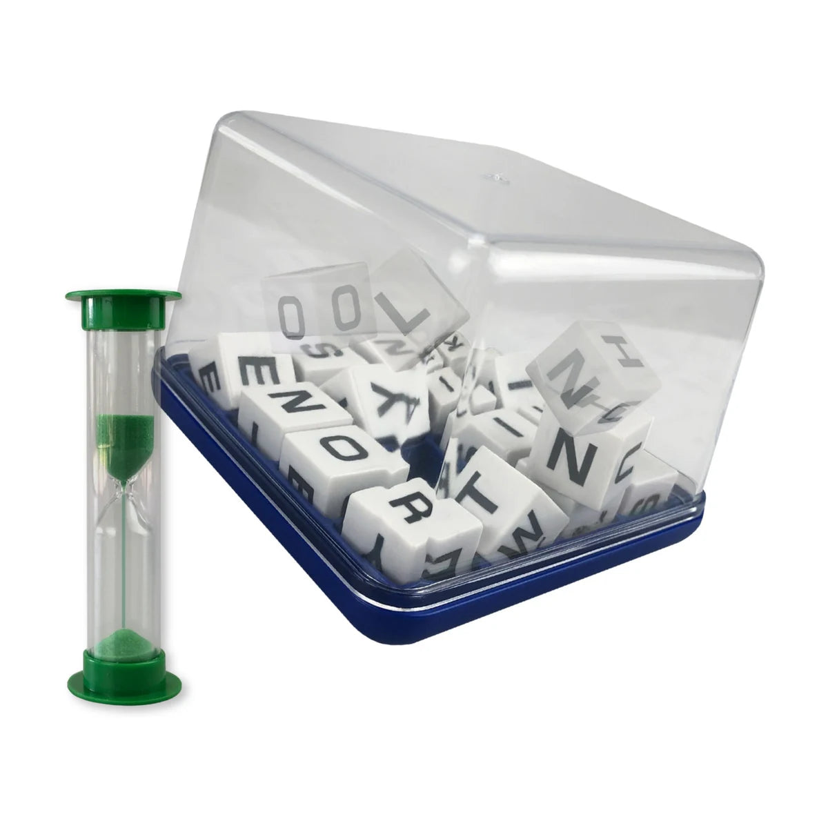 Boggle letter cubes stored inside base grid under clear lid with sand timer