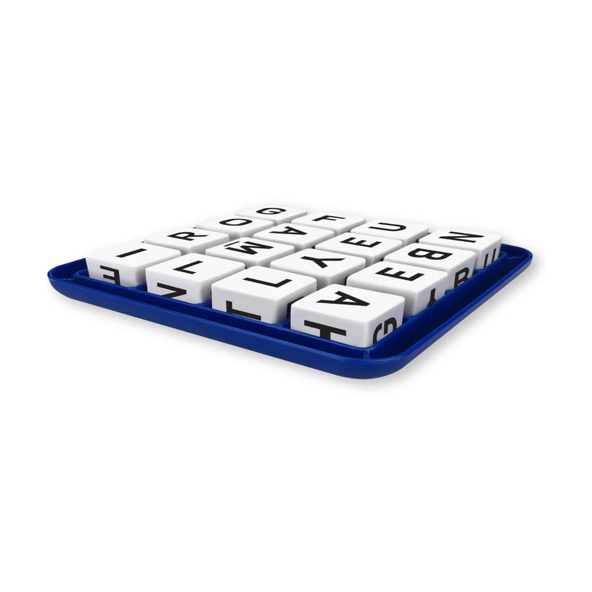 Boggle word search grid with letter cubes arranged in blue tray, angled view