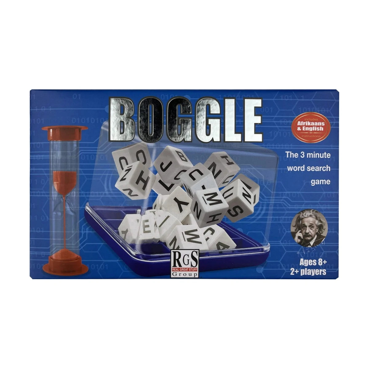 Boggle word search board game box front with 3-minute sand timer and letter cubes