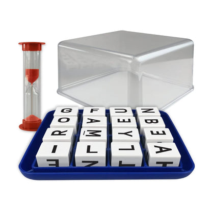 Boggle board game set with 16 letter cubes, base grid, clear lid and 3-minute timer