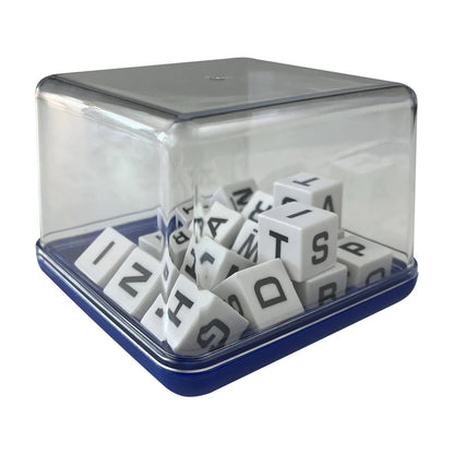 Boggle cubes inside clear storage lid close-up, shows letters and blue base