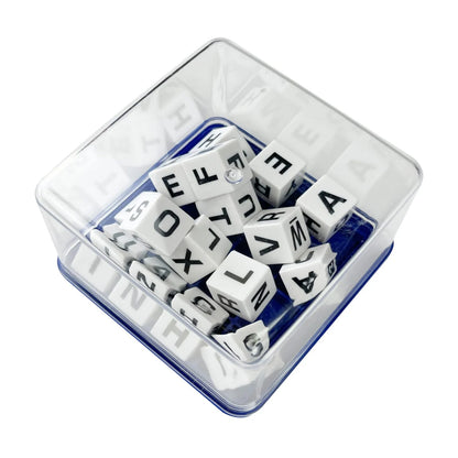 Boggle letter cubes mixed inside clear lidded container on blue base