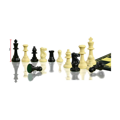 Tournament size chess set with Staunton pieces and hinged board, 9cm king, black and ivory pieces