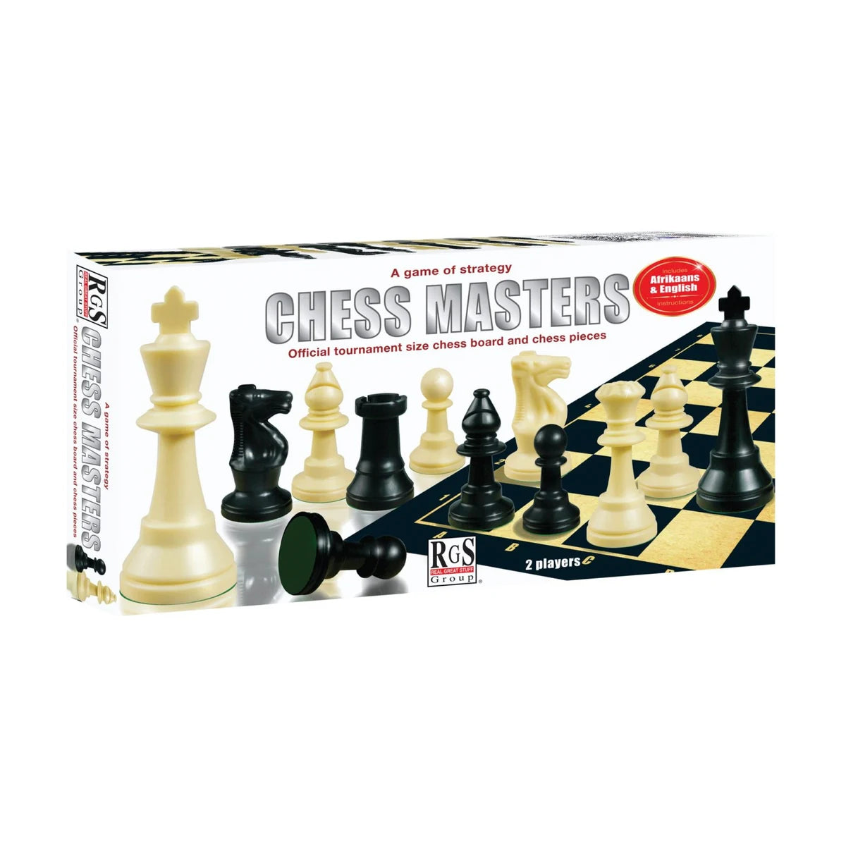 Chess Masters tournament size chess set box showing Staunton pieces, hinged board, and Afrikaans and English instructions included