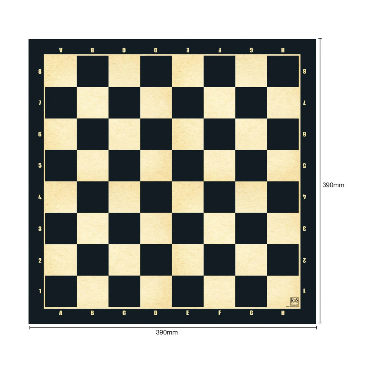Tournament chessboard size guide showing 390mm board dimensions with coordinates, hinged board layout