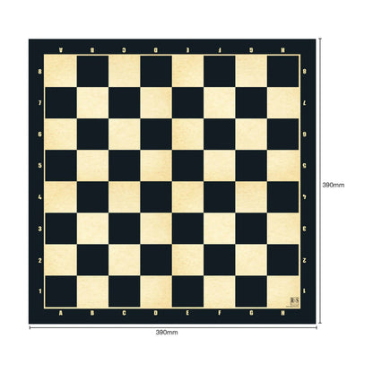 Tournament chessboard size guide showing 390mm board dimensions with coordinates, hinged board layout