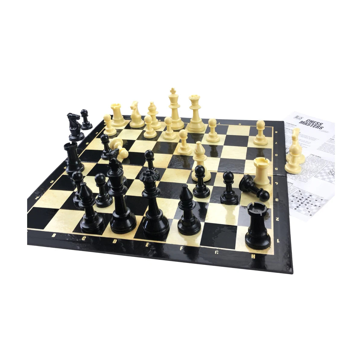 Tournament size chess set on hinged board with Staunton chess pieces set up for play, includes Afrikaans and English instructions