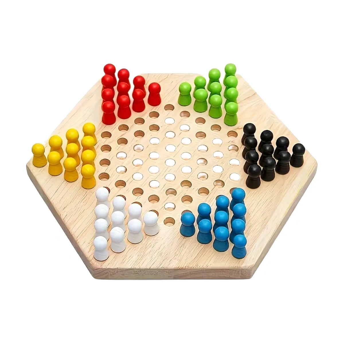 Chinese checkers wooden board game with six colored wooden pawns on hexagon board
