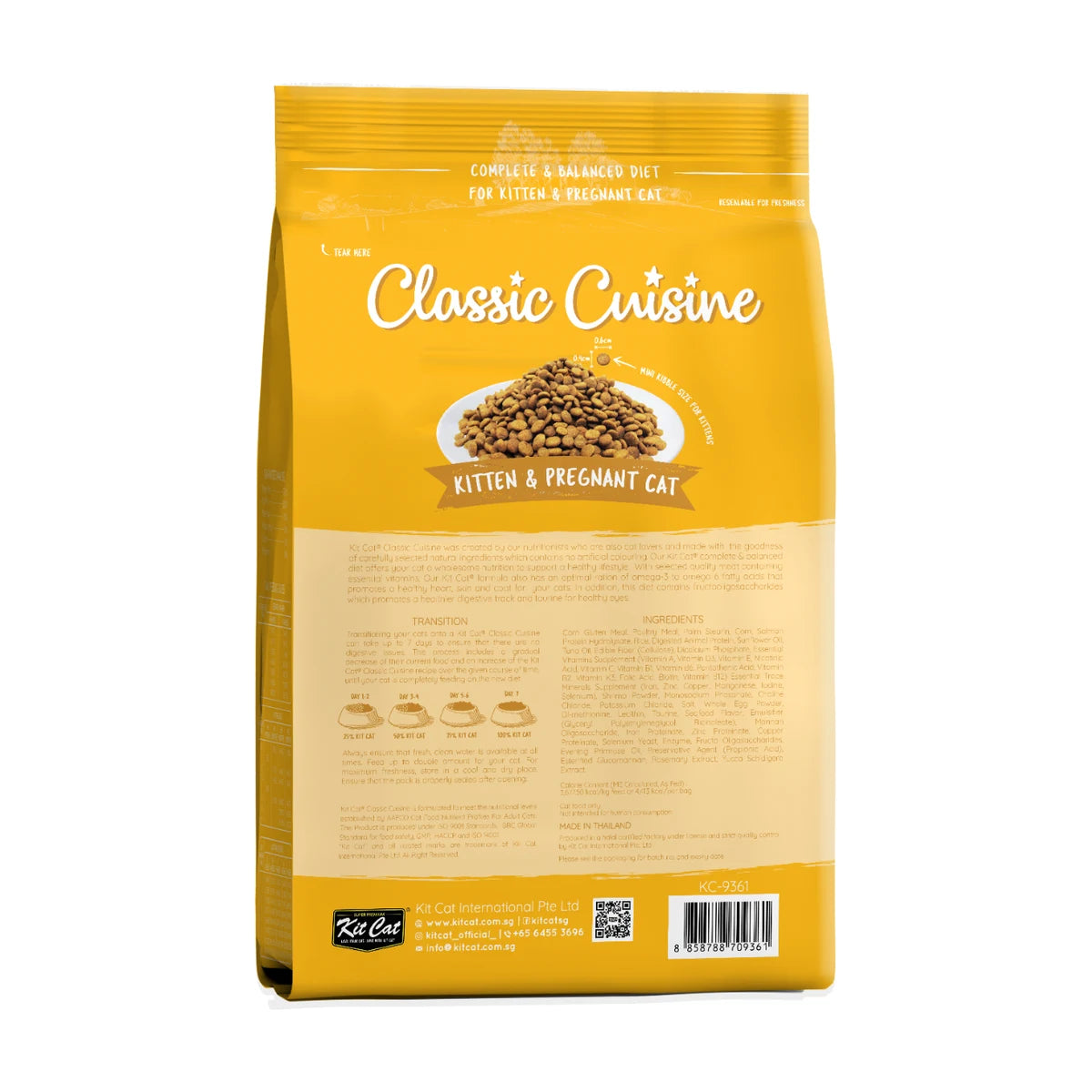 Back of Kit Cat Classic Cuisine Kitten & Pregnant Cat dry food bag