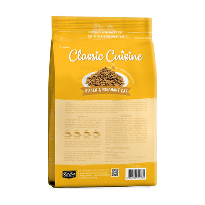 Back of Kit Cat Classic Cuisine Kitten & Pregnant Cat dry food bag
