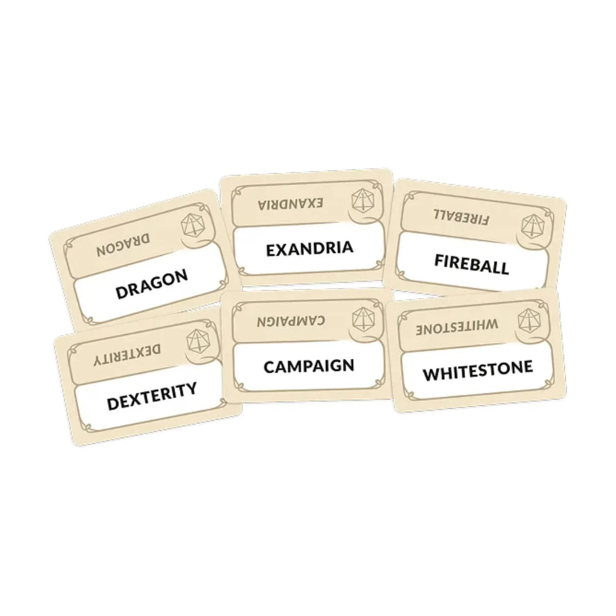 Codenames Critical Role Adventures word cards featuring themed words including Dragon, Exandria, Fireball and Whitestone