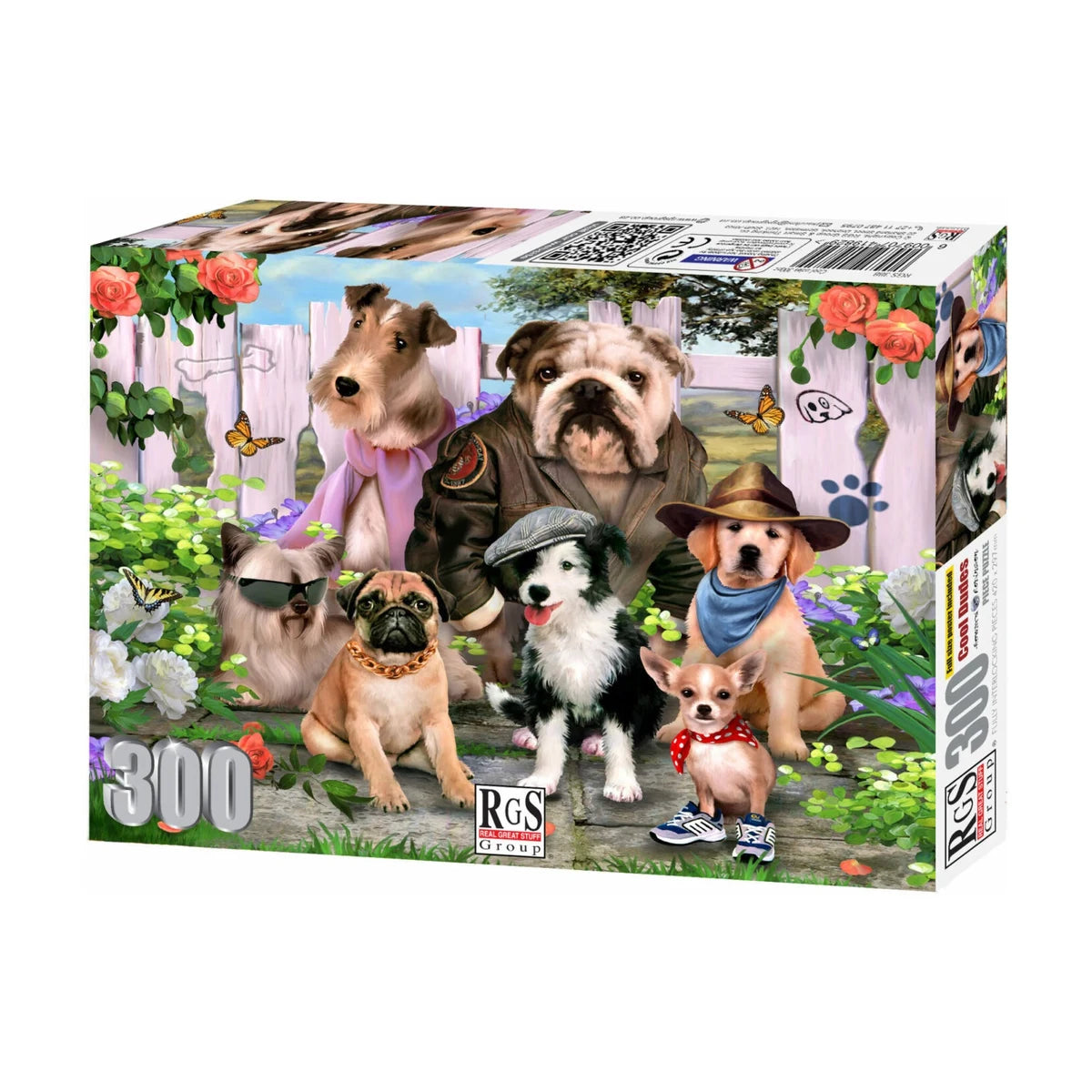 A 300-piece jigsaw puzzle box by RGS Leisure featuring a group of seven dogs in a garden setting. The box art shows the dogs wearing various outfits, with roses, a white picket fence, and butterflies in the background.