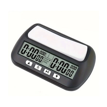 Digital chess clock timer angled view showing large screen and easy-press buttons on clean background