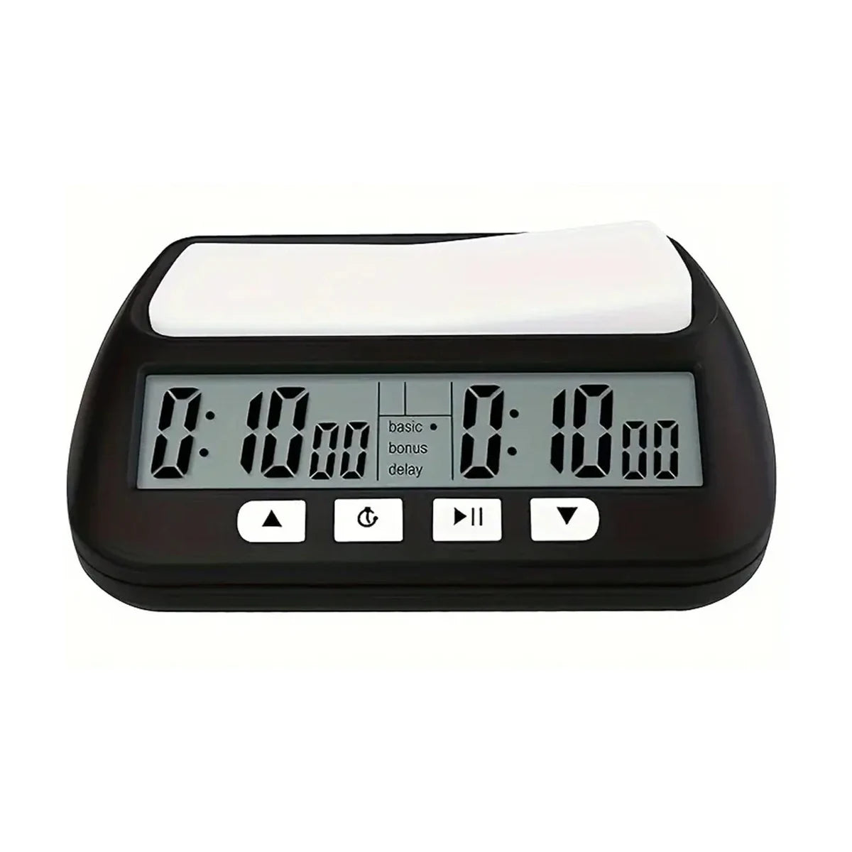 Digital chess clock timer front view with large LCD display and control buttons on white background