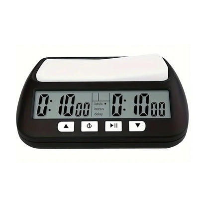 Digital chess clock timer front view with large LCD display and control buttons on white background