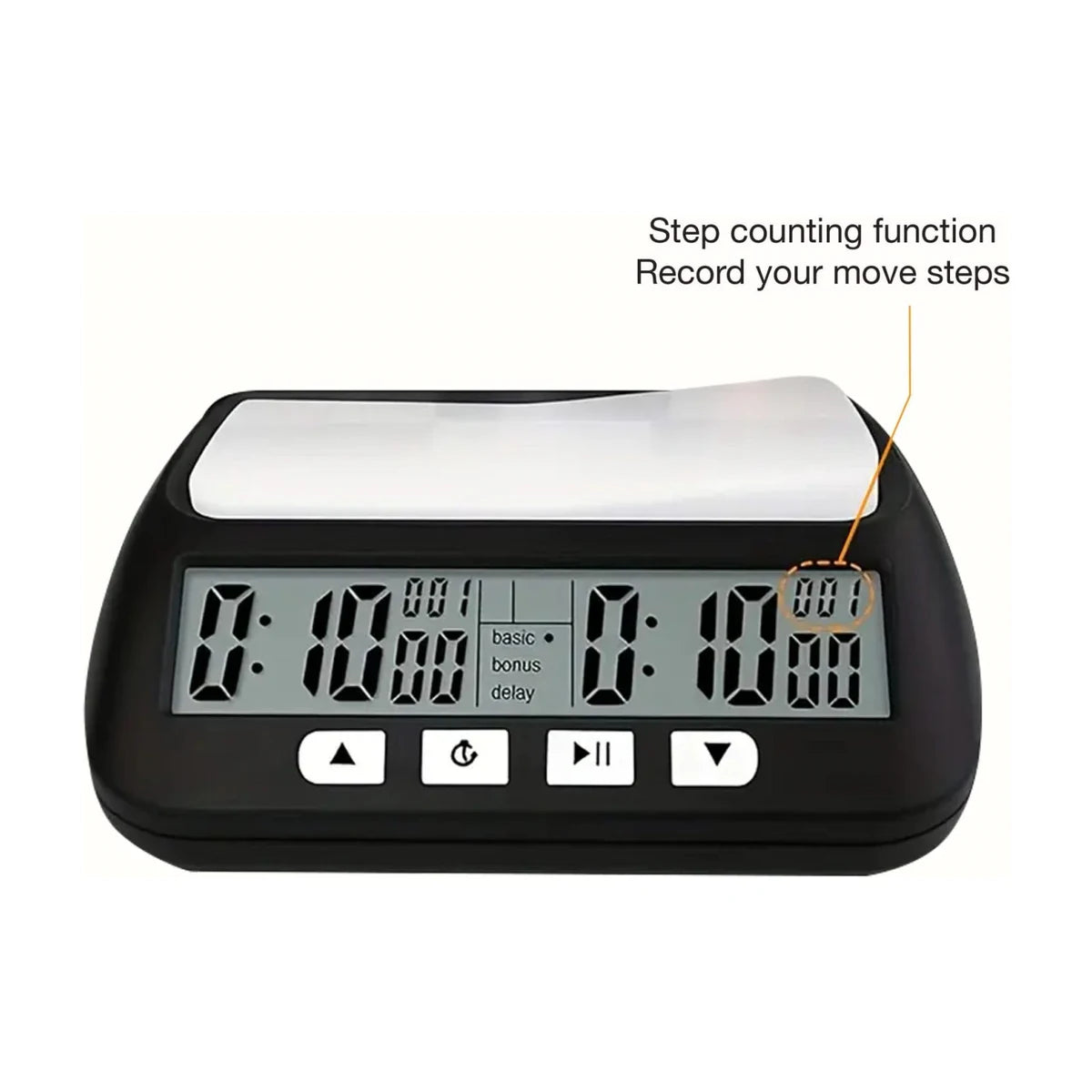 Digital chess clock timer close-up showing step counting function and large LCD time display