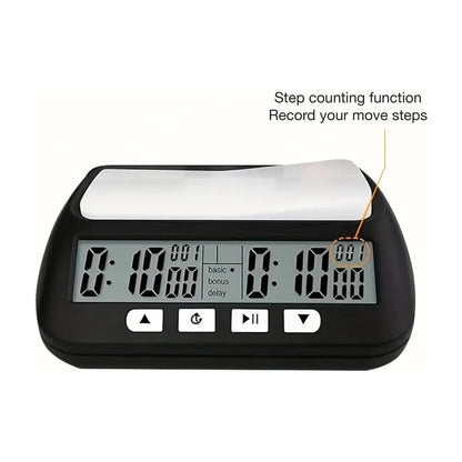 Digital chess clock timer close-up showing step counting function and large LCD time display