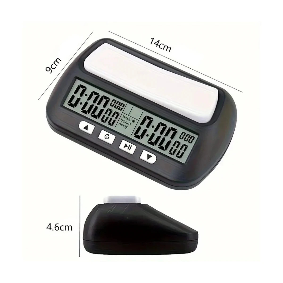Digital chess clock timer dimensions 14cm wide, 9cm deep, 4.6cm high with side profile view
