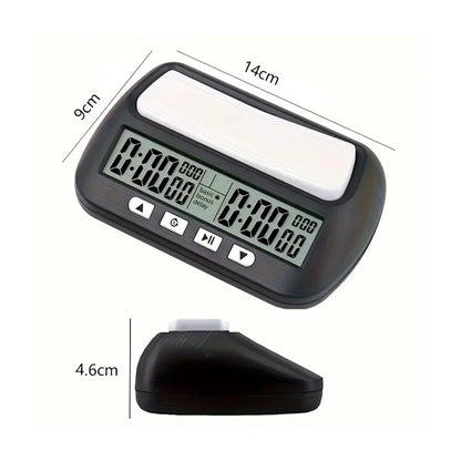 Digital chess clock timer dimensions 14cm wide, 9cm deep, 4.6cm high with side profile view