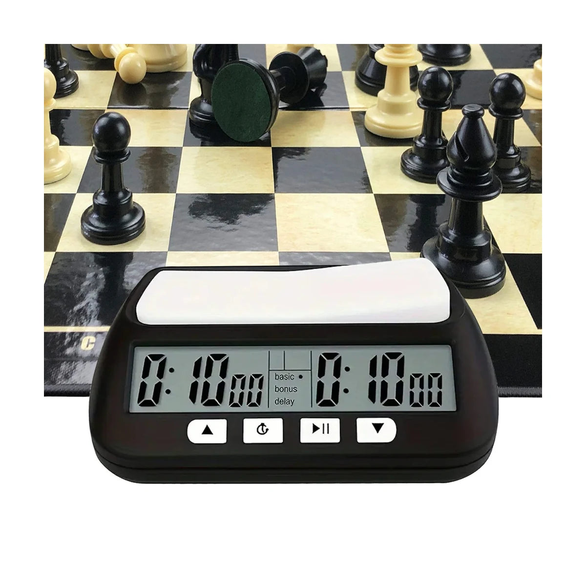 Digital chess clock timer on chessboard with chess pieces, ideal for tournament and club games