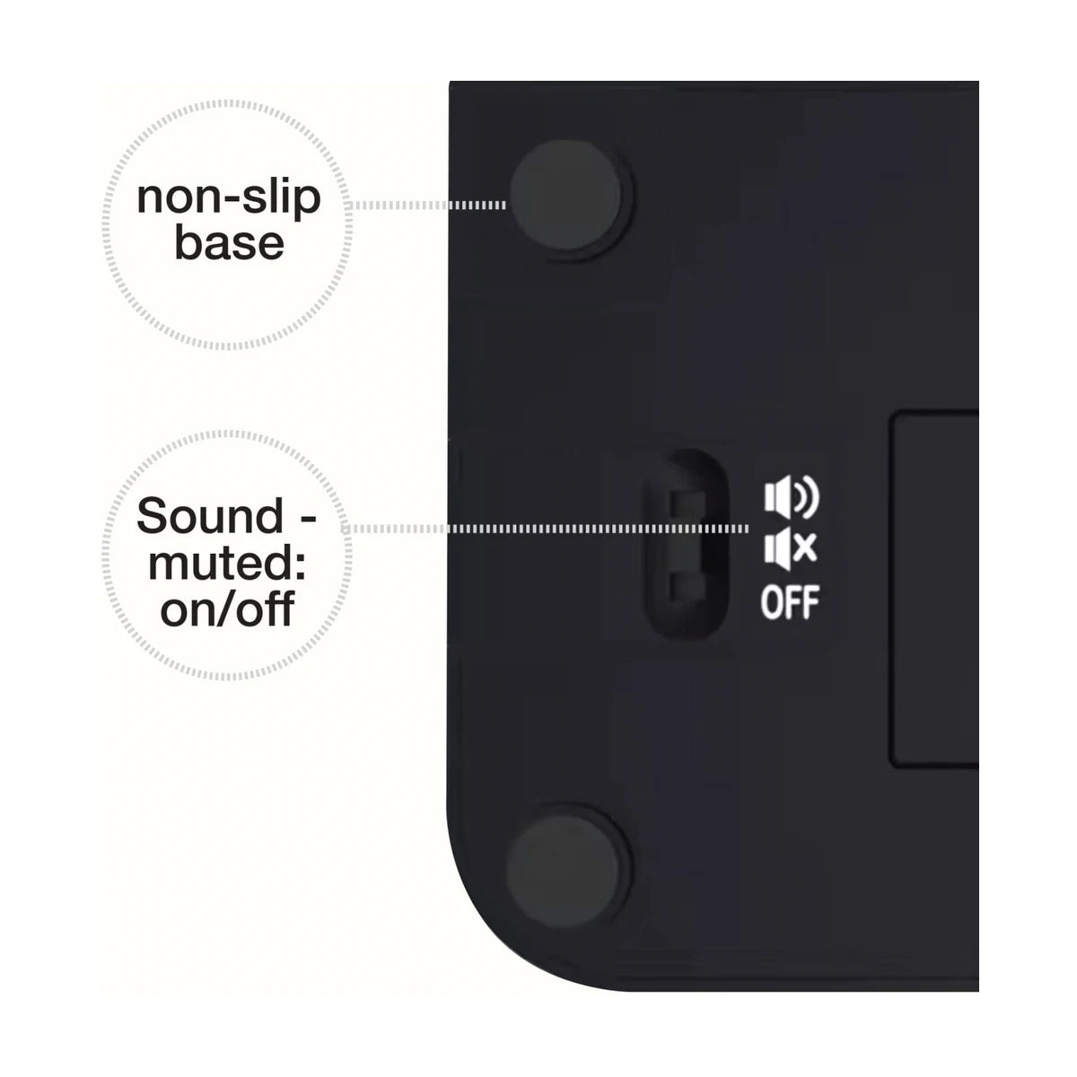 Digital chess clock timer bottom view showing non-slip feet and sound mute on/off switch