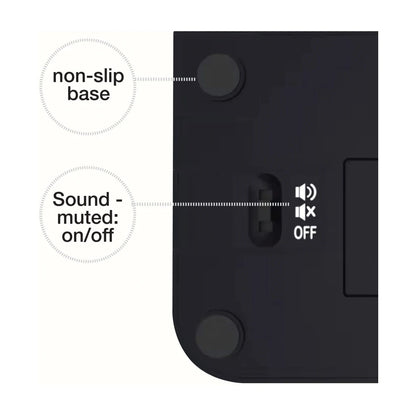 Digital chess clock timer bottom view showing non-slip feet and sound mute on/off switch