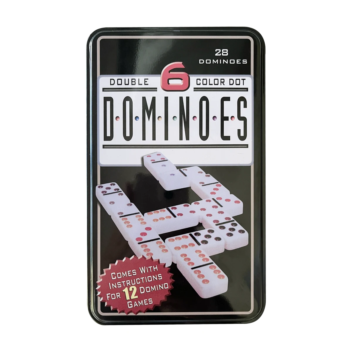 Double-six colour dot dominoes set in metal storage tin (28 tiles)