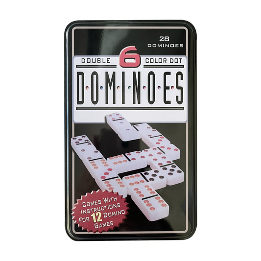 Double-six colour dot dominoes set in metal storage tin (28 tiles)