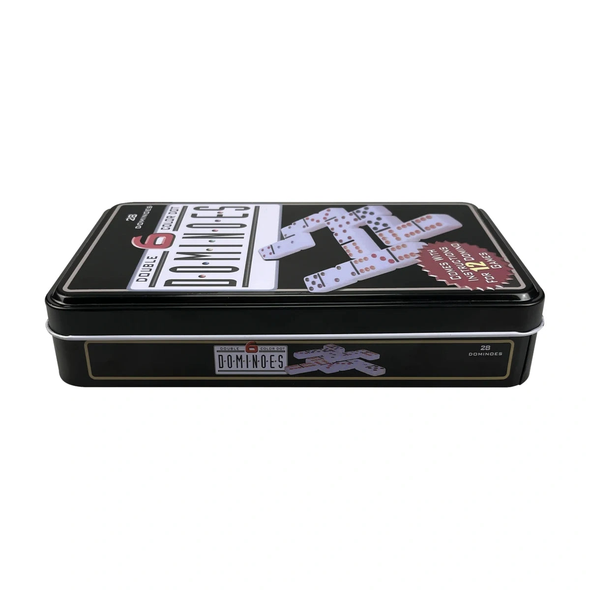 Side view of double-six domino tin case for compact travel storage