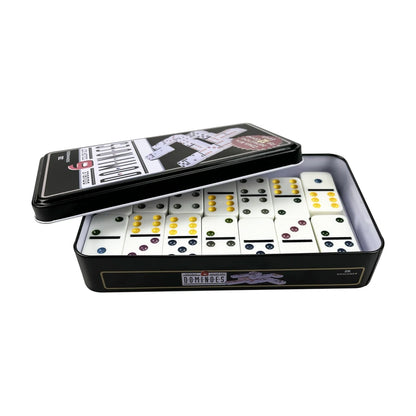 Open metal tin showing double-six domino tiles neatly stored inside