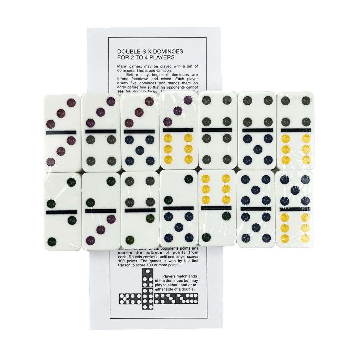 Double-six domino tile set layout with included instruction sheet for games