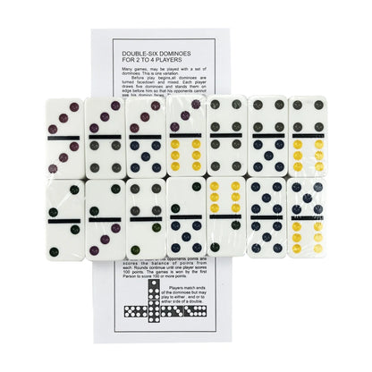 Double-six domino tile set layout with included instruction sheet for games