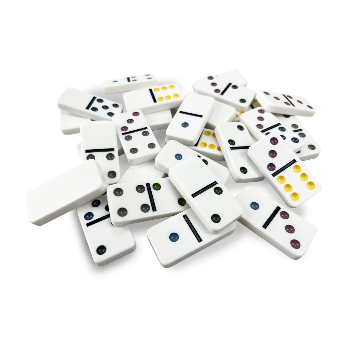 Double-six domino tiles close-up pile with colourful dot markers