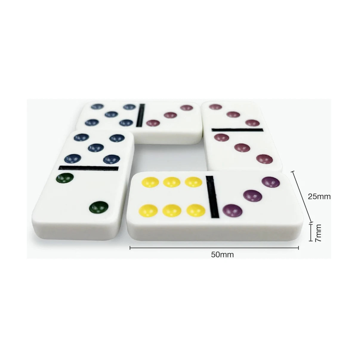 Double-six domino tile size guide showing 50mm by 25mm by 7mm dimensions