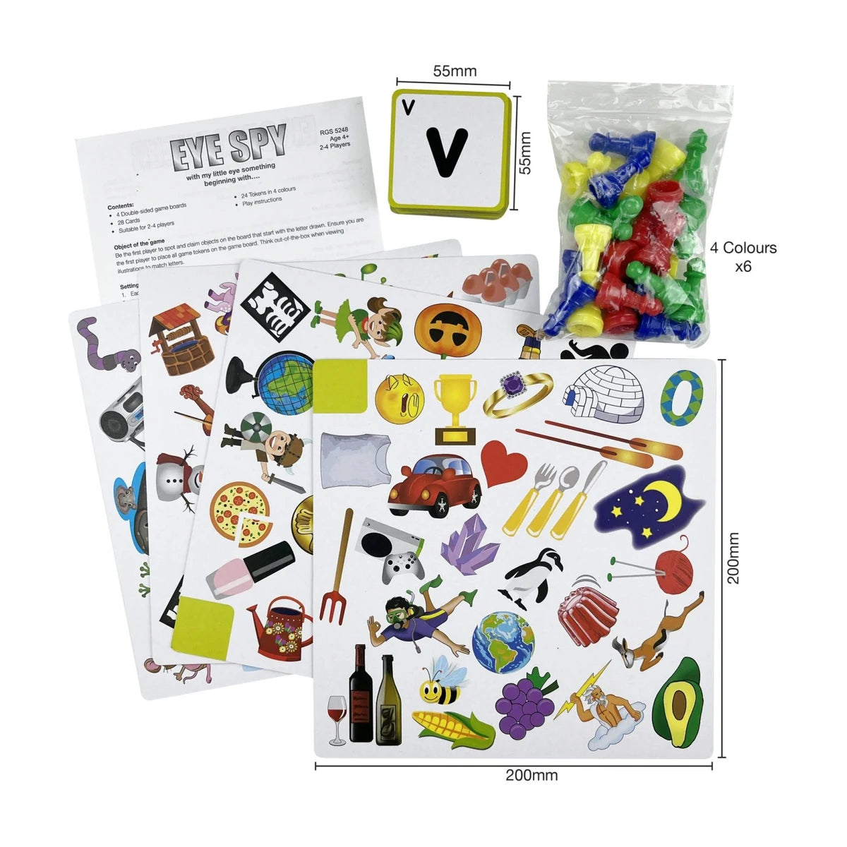 Eye Spy game contents with letter card size, boards and playing pieces included