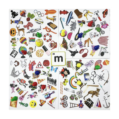 Eye Spy game board top view with colorful picture grid and letter card