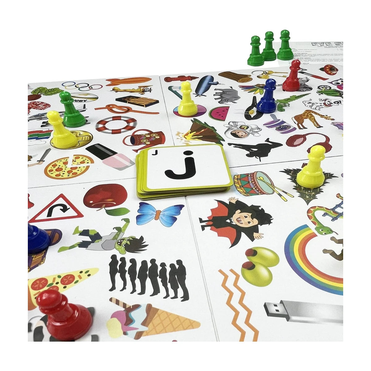 Eye Spy letter cards and pawns close-up showing gameplay style
