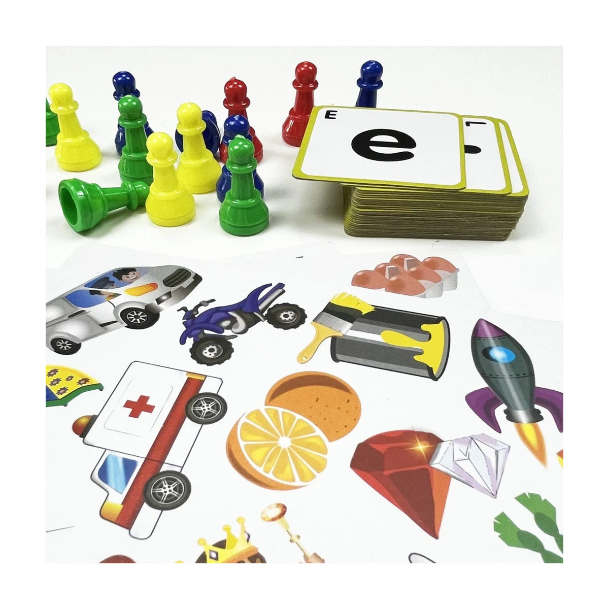 Eye Spy game pieces and letter card stack close-up for kids board game