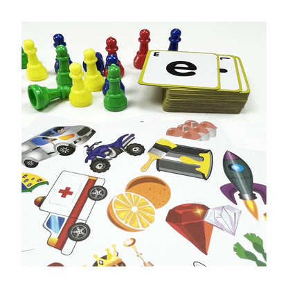 Eye Spy game pieces and letter card stack close-up for kids board game