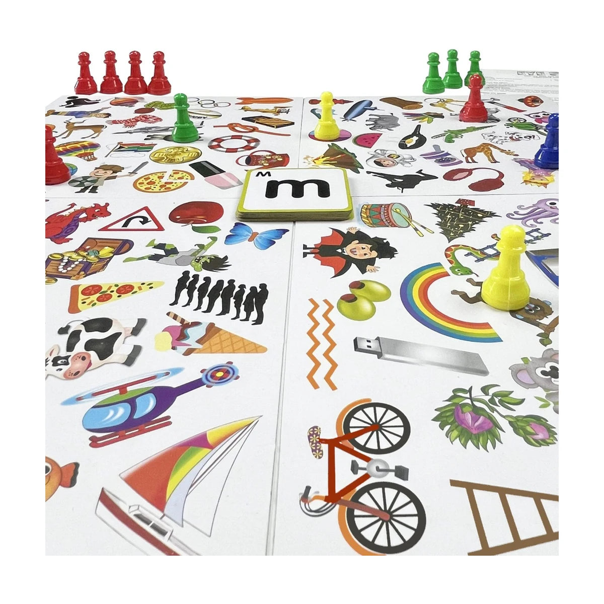 Eye Spy board game in play with pawns and letter card on the picture boards