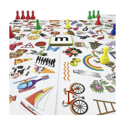 Eye Spy board game in play with pawns and letter card on the picture boards