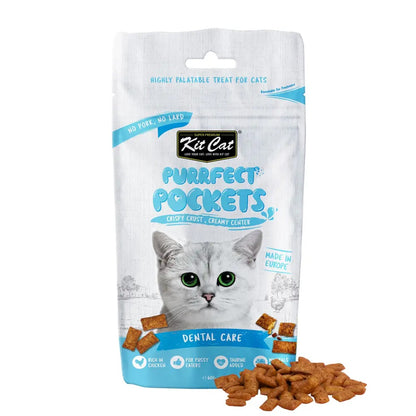 Kit Cat Purrfect Pockets Dental Care cat treats pouch with crunchy treats displayed in front
