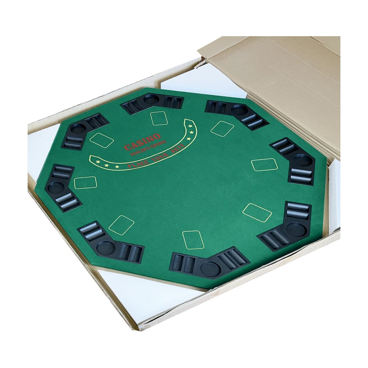 Foldable 8 player poker table packed in box for delivery and easy storage, green felt octagonal top
