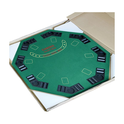 Foldable 8 player poker table packed in box for delivery and easy storage, green felt octagonal top