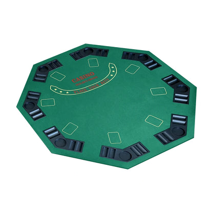 Angled view of foldable octagonal card table with 8 player positions, built in cup holders and chip trays