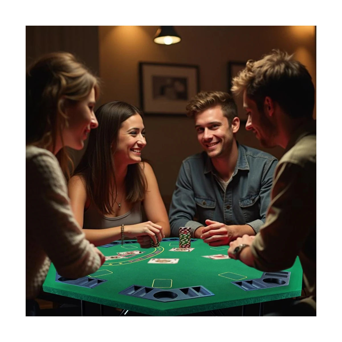 Friends playing cards on foldable 8 player poker table with cup holders for home game night