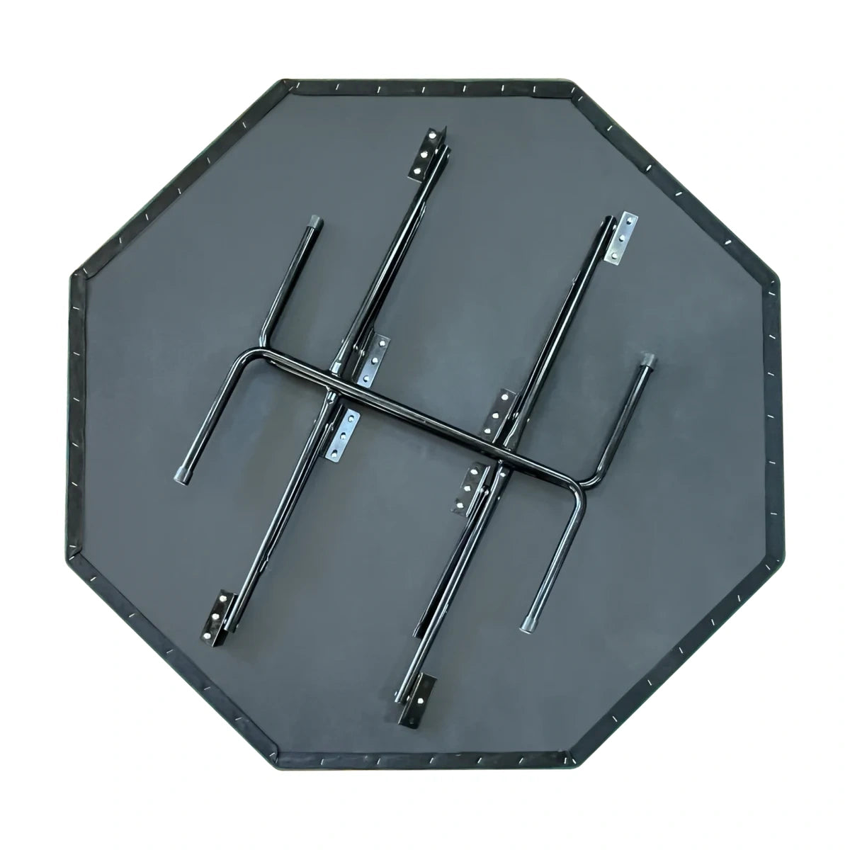 Underside of foldable octagonal poker table showing metal folding legs and support frame for stability