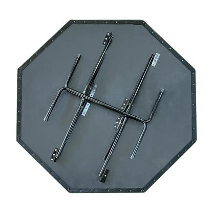 Underside of foldable octagonal poker table showing metal folding legs and support frame for stability