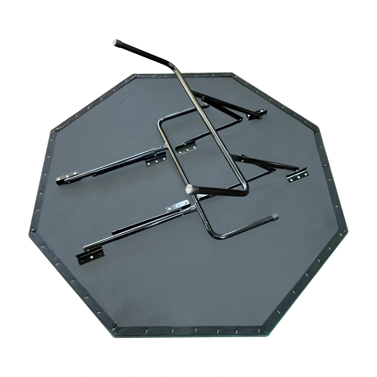Folded leg mechanism and frame detail under foldable 8 player poker table for sturdy setup and storage